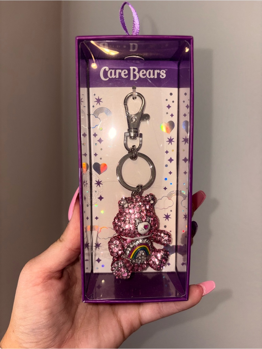Care Bears Pink Glitter Bear Keyring with Rainbow Chest